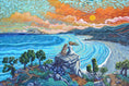 Charger l'image dans la visionneuse de la galerie, Colorful painting of a woman and dog on a cliff overlooking a vibrant coastal sunset.