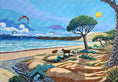 Bild in Galerie-Betrachter laden, Colorful coastal landscape painting with cows, pine trees, kitesurfers, and a bright sun by the sea