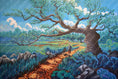 Charger l'image dans la visionneuse de la galerie, Colorful landscape painting of a hiker and dog on a vibrant forest path under a large tree