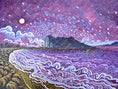 Load image into Gallery viewer, Colorful painting of a purple night sea with swirling waves, moon, city lights, and boat