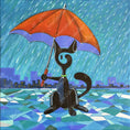 Charger l'image dans la visionneuse de la galerie, Abstract black cat with collar holding red umbrella in rain, cityscape and geometric ground