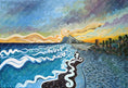 Bild in Galerie-Betrachter laden, Colorful sunset seascape painting with waves, dramatic sky, tower, and rocky coastline