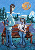 Charger l'image dans la visionneuse de la galerie, Surreal painting of two abstract figures on a bench, one holding a rose, with a swirling sun.