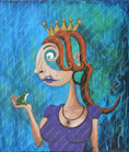 Charger l'image dans la visionneuse de la galerie, Whimsical painting of a red-haired princess with a crown holding a frog, blue abstract background