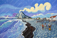 Charger l'image dans la visionneuse de la galerie, Colorful painting of La Atunara beach with boats, children playing, and the Rock of Gibraltar