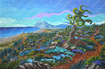 Bild in Galerie-Betrachter laden, Colorful landscape painting with whimsical tree, rocky terrain, and ocean coast view