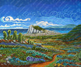 Cargar la imagen en la vista de la galería, Colorful painting of Gibraltar Rock, swirling blue sky, vibrant green fields, and distant cityscape