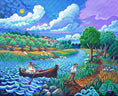 Bild in Galerie-Betrachter laden, Colorful landscape painting of a man pulling a boat with a woman on a river near San Martin del Tesorillo, vibrant trees, and distant village under a bright sky.
