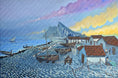 Charger l'image dans la visionneuse de la galerie, Coastal village painting with fishing boats, white houses, red roofs, and a mountain backdrop