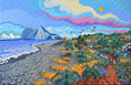 Load image into Gallery viewer, Colorful landscape painting with flamingos, a tower, mountains, and beach by the sea