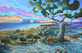 Charger l'image dans la visionneuse de la galerie, Colorful landscape painting of Reserva Natural del Guadalquitón with sea, hills, and fox by twisted tree