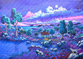 Charger l'image dans la visionneuse de la galerie, Colorful twilight landscape painting with cottage, trees, hills, and a white cat in foreground
