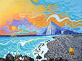 Cargar la imagen en la vista de la galería, Colorful abstract seascape painting with a cliff, swirling waves, and a person on the shore