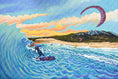 Charger l'image dans la visionneuse de la galerie, Colorful painting of kite surfing in Tarifa with waves, kites, beach, and sunset.