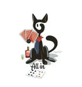 Carregar imagem no visualizador da Galeria, Cartoon black cat with red bandana holding playing cards, bottle and glass beside, 'All in' text