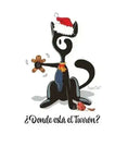 Load image into Gallery viewer, Black cartoon cat wearing a red Santa hat holding a gingerbread man, with Spanish text '¿Donde está el Turrón?'