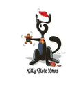 Load image into Gallery viewer, Cartoon black cat wearing Santa hat holding gingerbread cookie with broken ornament, text Kitty Stole Xmas
