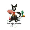 Carregar imagem no visualizador da Galeria, Cowboy cartoon cat holding playing cards, with cactus, bottle, and 'Know When to Fold 'em' text