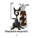 Charger l'image dans la visionneuse de la galerie, Cartoon black cat with blue tie holding golf club beside golf bag, golf clubs, humorous text