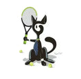 Cargar la imagen en la vista de la galería, cartoon black cat holding tennis racket with tennis balls on white background