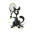 Load image into Gallery viewer, cartoon black cat holding tennis racket with tennis balls on white background