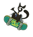 Cargar la imagen en la vista de la galería, Cartoon black cat skateboarding with green skateboard and wearing a blue tie