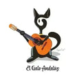 Carregar imagem no visualizador da Galeria, Stylized black cat playing an orange classical guitar with text El Gato Andaluz