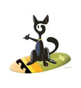 Carregar imagem no visualizador da Galeria, Stylized black cat sitting on colorful surfboard making shaka hand sign with white background