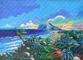 Charger l'image dans la visionneuse de la galerie, Colorful painting of Alcaidesa coast with vibrant plants, sandy path, sea, and distant rock