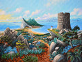 Charger l'image dans la visionneuse de la galerie, Painting of rocky coastal landscape with ancient stone tower, lush plants, and sea view