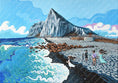 Load image into Gallery viewer, Colorful painting of people walking on Sardinero beach with waves and dramatic rocky cliffs