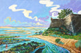 Bild in Galerie-Betrachter laden, Colorful painting of Cacela Velha fort by the coast, lush greenery, and blue sky clouds