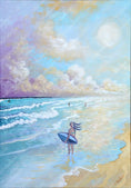 Charger l'image dans la visionneuse de la galerie, Surfer girl with board on sandy beach, Atlantic surf waves, pastel sky, coastal painting
