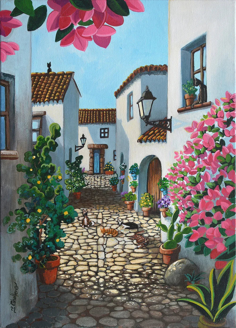 Painting of a quaint Mediterranean street with flowers and buildings