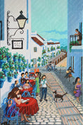 Bild in Galerie-Betrachter laden, Colorful street cafe scene in Mijas, Costa del Sol with people, dog, white buildings, and flower pots