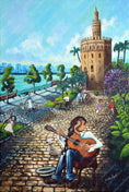 Bild in Galerie-Betrachter laden, Painting of Torre del Oro with a guitarist, people walking dogs, and a riverside promenade under blue sky