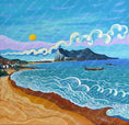 Charger l'image dans la visionneuse de la galerie, Colorful coastal landscape painting featuring a sandy beach, blue waves, boats, and a mountainous horizon under a bright sun