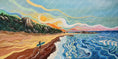 Bild in Galerie-Betrachter laden, Colorful painting of Zahara beach, surfer with surfboard on shore, waves, sun, rocky hills