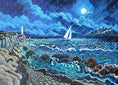 Charger l'image dans la visionneuse de la galerie, Colorful painting of a lighthouse, rocky coastline, and sailboat on a moonlit sea