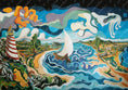 Charger l'image dans la visionneuse de la galerie, Surreal painting of Gibraltar Strait with sailboat, striped lighthouse, swirling sea and sky