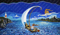 Cargar la imagen en la vista de la galería, Colorful painting of a girl sailing a boat at sea near a lighthouse and mountains under a vivid sky.