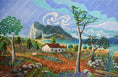 Charger l'image dans la visionneuse de la galerie, Colorful landscape painting of a coastal Andalusian village with mountains, sea, and farmhouse