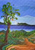 Load image into Gallery viewer, Colorful surreal landscape painting with swirling green tree, mountains, sea, and winding path