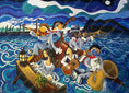 Charger l'image dans la visionneuse de la galerie, Colorful painting of a jazz band playing instruments on ocean waves under the moonlight
