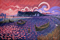 Load image into Gallery viewer, Colorful painting of boats on Rio Palmones with abstract sky, mountain, and sailboats at sunset
