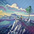Bild in Galerie-Betrachter laden, Hiker with dog on colorful mountain trail overlooking valleys under vibrant sky painting
