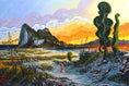 Charger l'image dans la visionneuse de la galerie, Colorful landscape painting of a coastal mountain with a sunset sky, abstract trees, and a woman in pink.