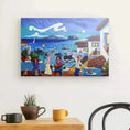 Carregar imagem no visualizador da Galeria, Colorful wall art of seaside village with musicians and lively people above a modern table