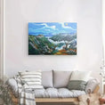 Load image into Gallery viewer, Modern living room with gray sofa, striped throw, and colorful mountain landscape wall art