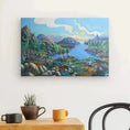 Bild in Galerie-Betrachter laden, Colorful landscape canvas art of river and mountains on white wall above table with mugs and cactus